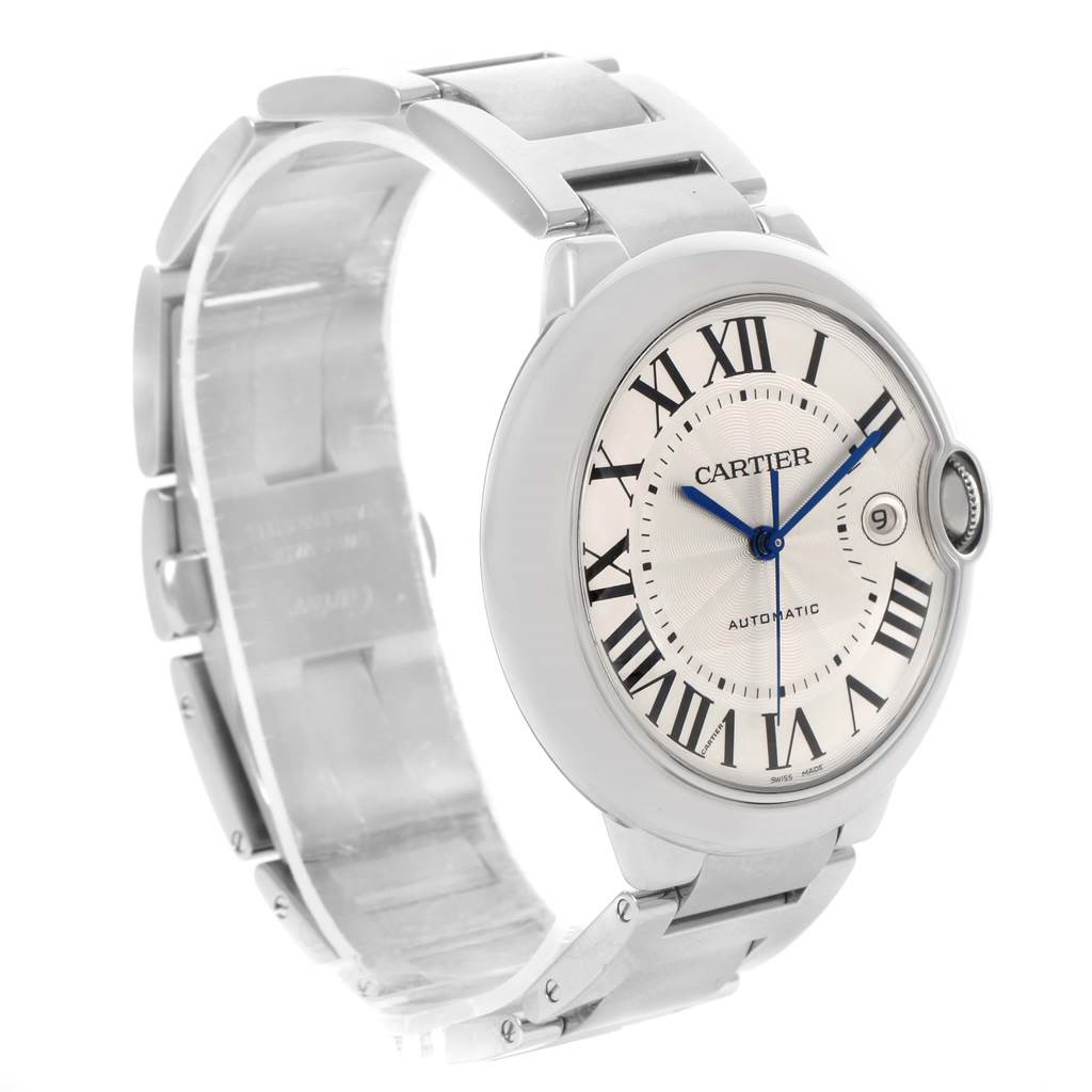 The image shows a Cartier Ballon Bleu W69012Z4 Men's Stainless Steel Silver Dial W69012Z4 Men's Stainless Steel Silver Dial watch at a three-quarter angle, highlighting its face, bracelet, and crown.