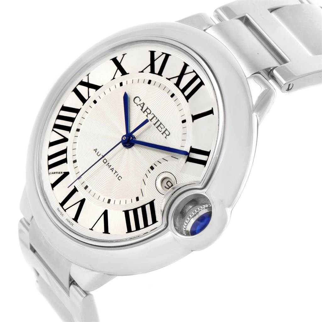 The image shows a close-up side angle of the Cartier Ballon Bleu W69012Z4 Men's Stainless Steel Silver Dial W69012Z4 Men's Stainless Steel Silver Dial watch, highlighting its silver dial, Roman numerals, and blue hands.
