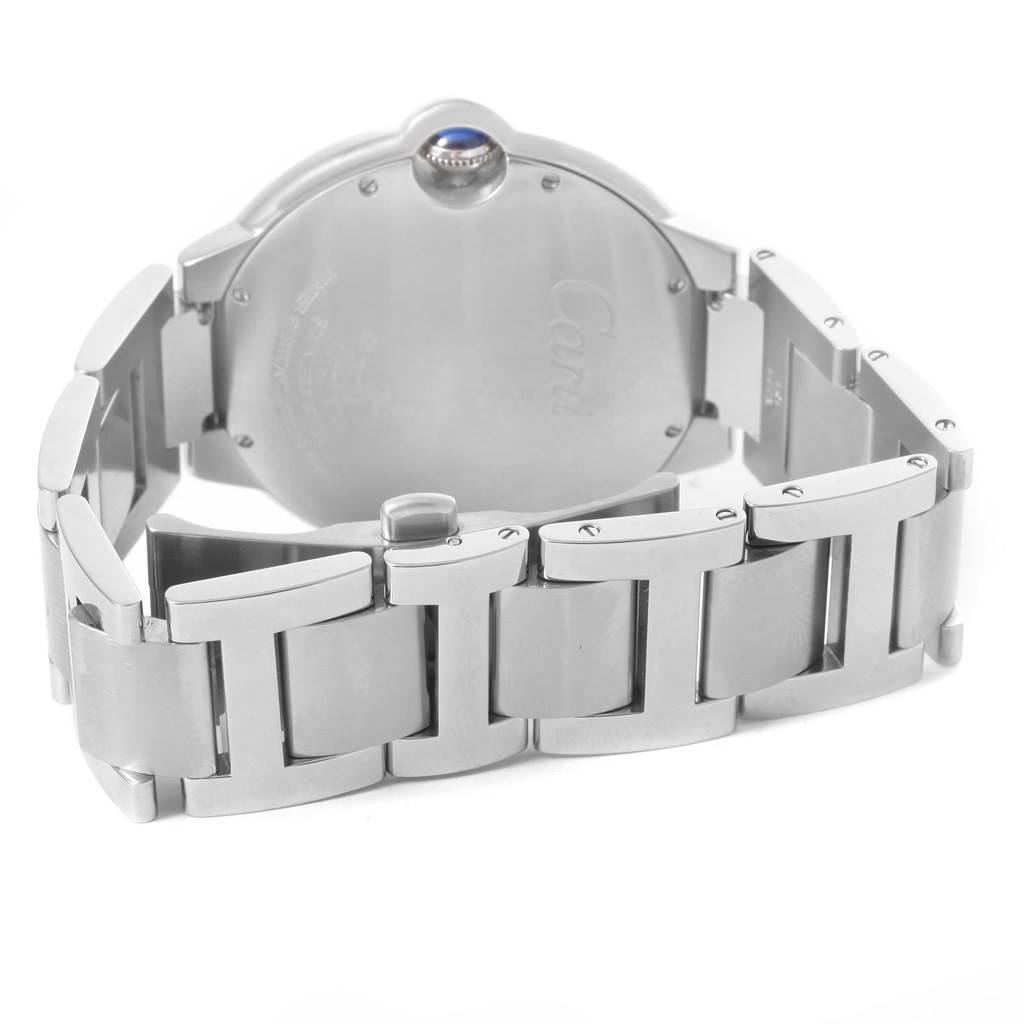 The image shows the back case and bracelet of the Ballon Bleu model by Cartier from a rear angle.