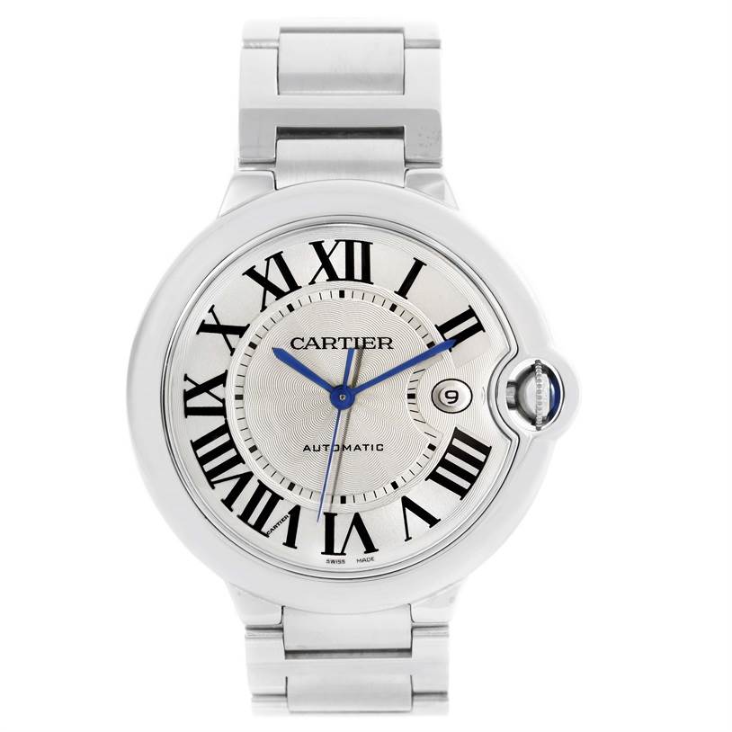 The image shows a front view of a Cartier Ballon Bleu W69012Z4 Men
s Stainless Steel Silver Dial W69012Z4 Men
s Stainless Steel Silver Dial watch, highlighting its dial, Roman numerals, hands, and bracelet.