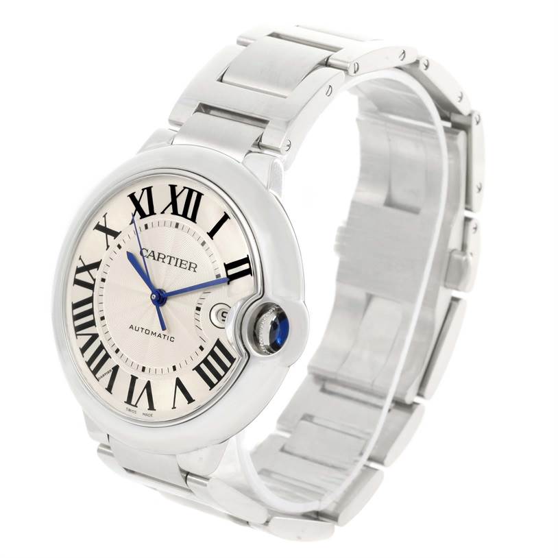 The image shows a side angle of the Cartier Ballon Bleu W69012Z4 Men
s Stainless Steel Silver Dial W69012Z4 Men
s Stainless Steel Silver Dial watch, highlighting its dial, bracelet, and crown with a blue cabochon.