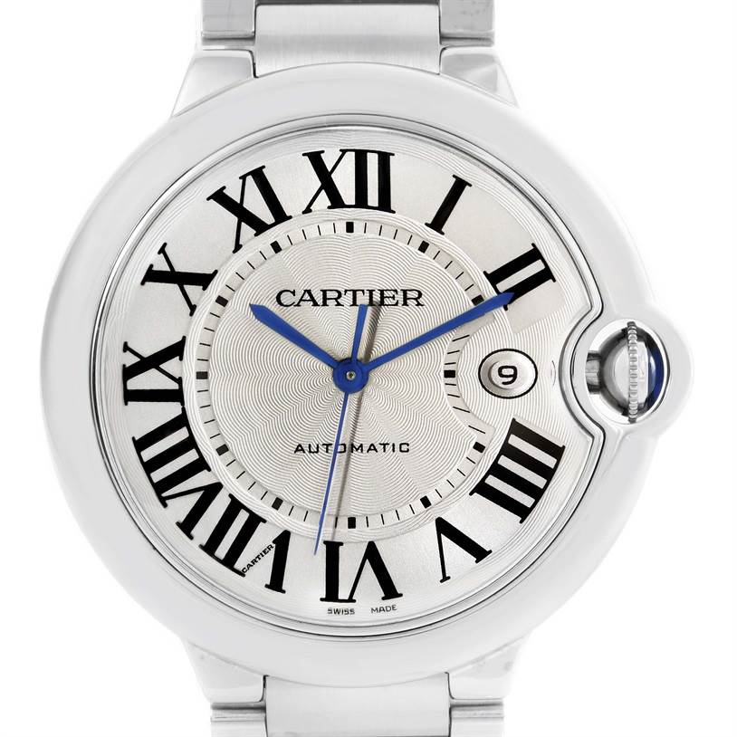 A front view of the Cartier Ballon Bleu W69012Z4 Men
s Stainless Steel Silver Dial W69012Z4 Men
s Stainless Steel Silver Dial watch shows the dial, Roman numerals, date window, and blue hands.