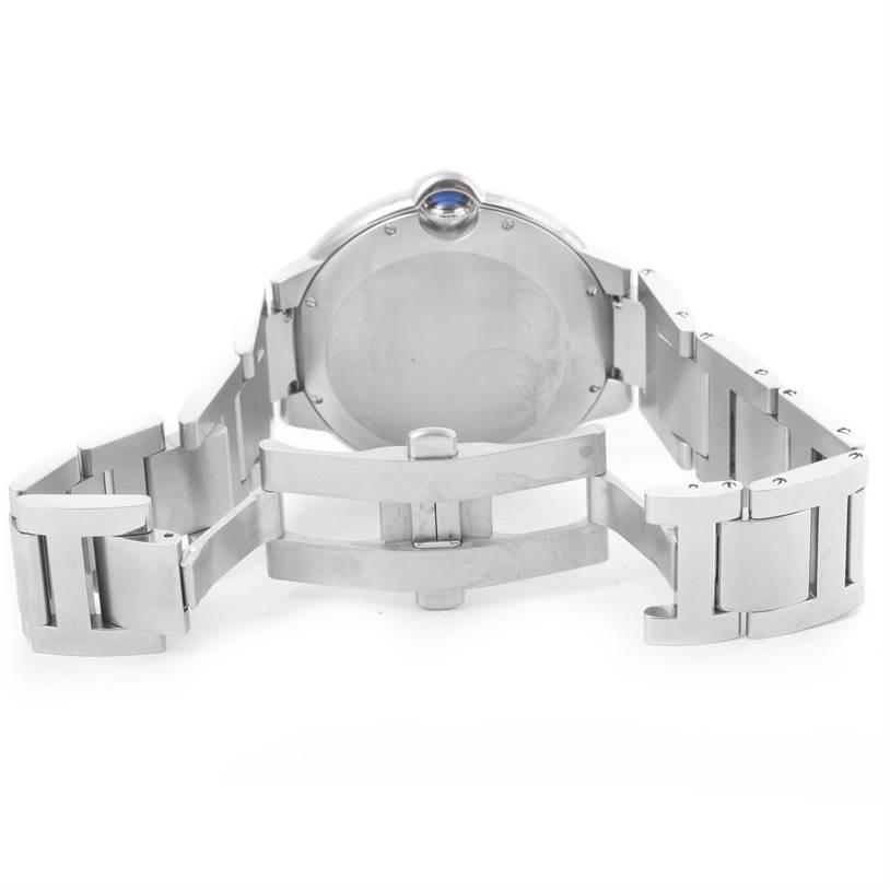 The image shows the back side and open clasp of the Cartier Ballon Bleu W69012Z4 Men
s Stainless Steel Silver Dial W69012Z4 Men
s Stainless Steel Silver Dial watch, highlighting the stainless steel bracelet and case back.