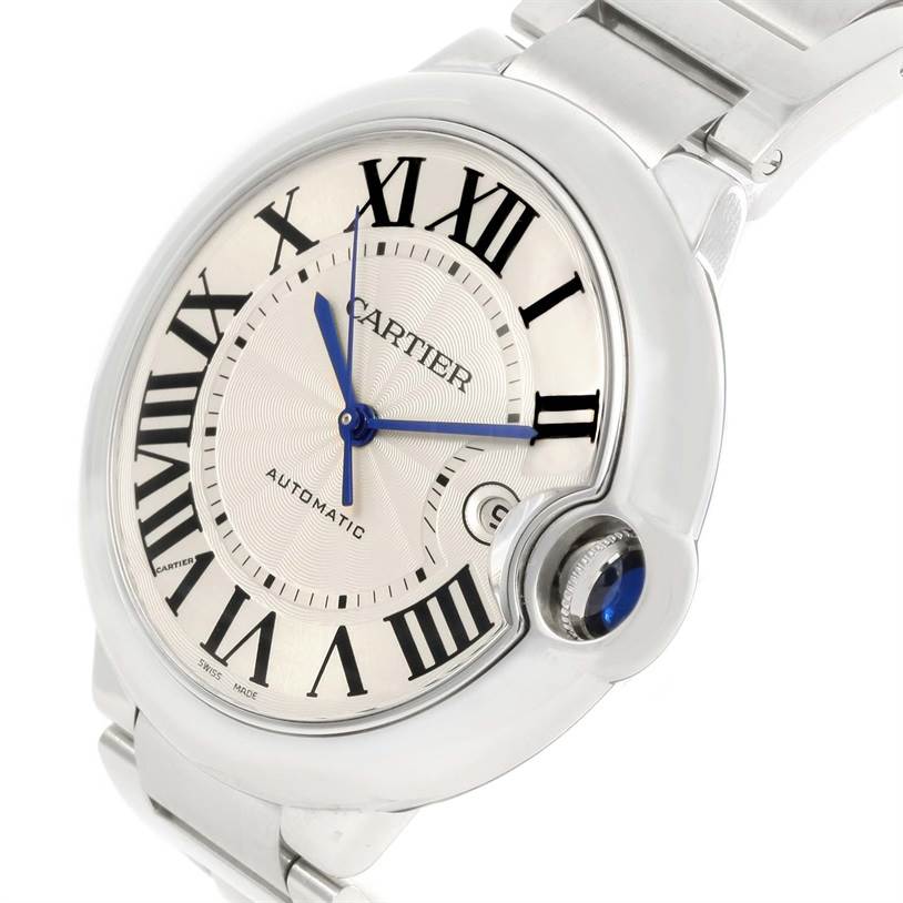 The image shows a close-up, angled view of the Cartier Ballon Bleu W69012Z4 Men
s Stainless Steel Silver Dial W69012Z4 Men
s Stainless Steel Silver Dial watch, focusing on the dial, crown, and part of the bracelet.