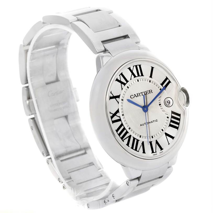 The image shows a side angle of the Cartier Ballon Bleu W69012Z4 Men
s Stainless Steel Silver Dial W69012Z4 Men
s Stainless Steel Silver Dial watch, highlighting the face, bracelet, and clasp.