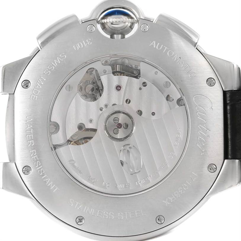 The image shows the back view of a Cartier Ballon Bleu W6920052 Men
s Stainless Steel Black Dial W6920052 Men
s Stainless Steel Black Dial watch, detailing its automatic movement and stainless steel case.