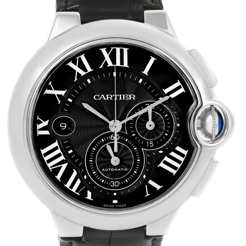 This image shows the face of a Cartier Ballon Bleu W6920052 Men
s Stainless Steel Black Dial W6920052 Men
s Stainless Steel Black Dial watch from the front, highlighting its dial, hands, and Roman numerals.