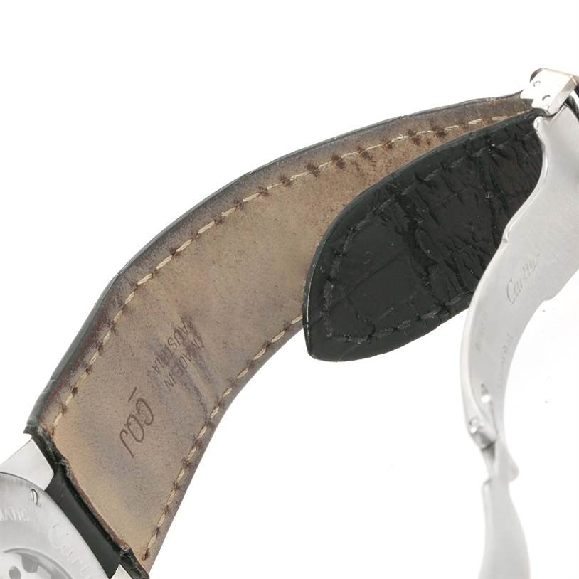 The image shows the interior part of the leather strap and clasp of a Cartier Ballon Bleu W6920052 Men
s Stainless Steel Black Dial W6920052 Men
s Stainless Steel Black Dial watch.