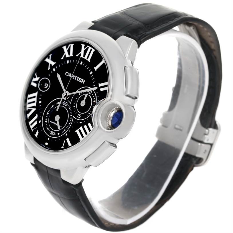 The image shows a side angle of the Cartier Ballon Bleu W6920052 Men
s Stainless Steel Black Dial W6920052 Men
s Stainless Steel Black Dial watch, highlighting its black dial, Roman numerals, subdials, and crown with a blue cabochon.