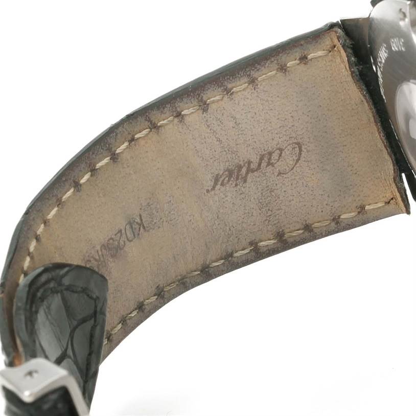 This image shows a close-up of the inner leather strap and part of the case of the Ballon Bleu model by Cartier.