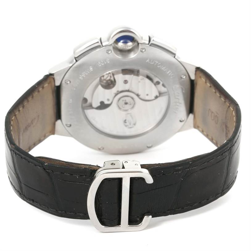 The image shows the back view of a Cartier Ballon Bleu W6920052 Men
s Stainless Steel Black Dial W6920052 Men
s Stainless Steel Black Dial watch, featuring its leather strap and visible automatic movement.