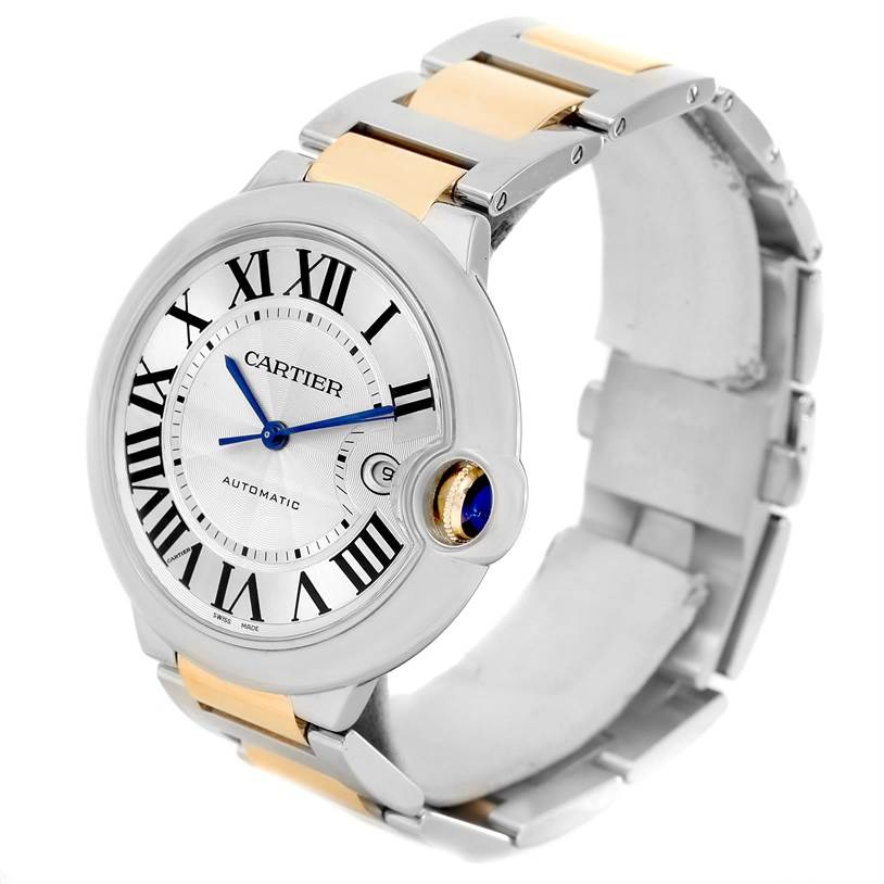 The image displays a Cartier Ballon Bleu W69009Z3 Stainless Steel Silver Dial W69009Z3 Stainless Steel Silver Dial watch at a slight angle, showcasing its full face and part of the metal bracelet.