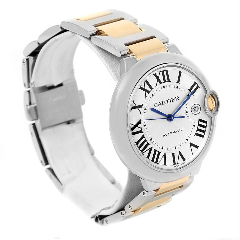 The image shows a side angle of a Cartier Ballon Bleu W69009Z3 Stainless Steel Silver Dial W69009Z3 Stainless Steel Silver Dial watch featuring its face, dial, and two-tone metal bracelet.