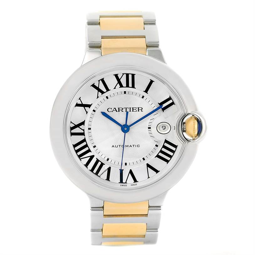 This image shows a front view of the Cartier Ballon Bleu W69009Z3 Stainless Steel Silver Dial W69009Z3 Stainless Steel Silver Dial watch, highlighting its face, dial, and two-tone bracelet.