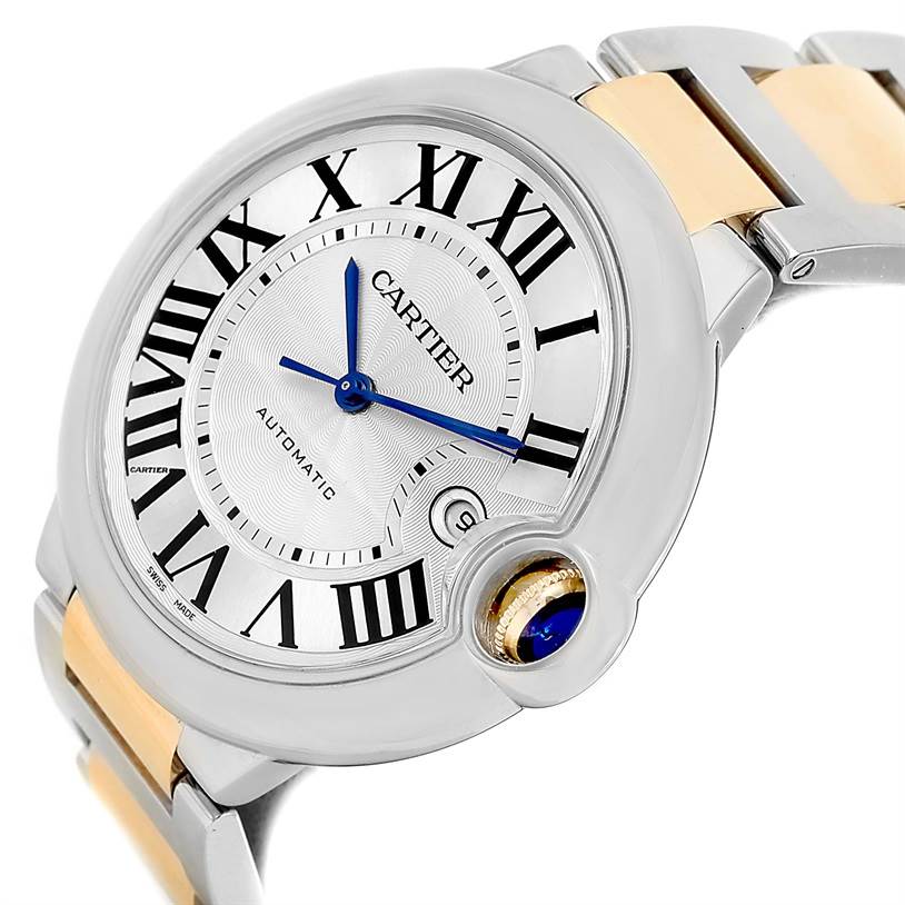 The image shows a close-up, angled view of the Cartier Ballon Bleu W69009Z3 Stainless Steel Silver Dial W69009Z3 Stainless Steel Silver Dial watch, highlighting the face and partial bracelet.