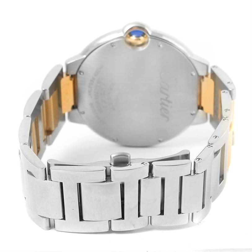 The image shows the back view of a Cartier Ballon Bleu W69009Z3 Stainless Steel Silver Dial W69009Z3 Stainless Steel Silver Dial watch, highlighting its clasp and bracelet design.