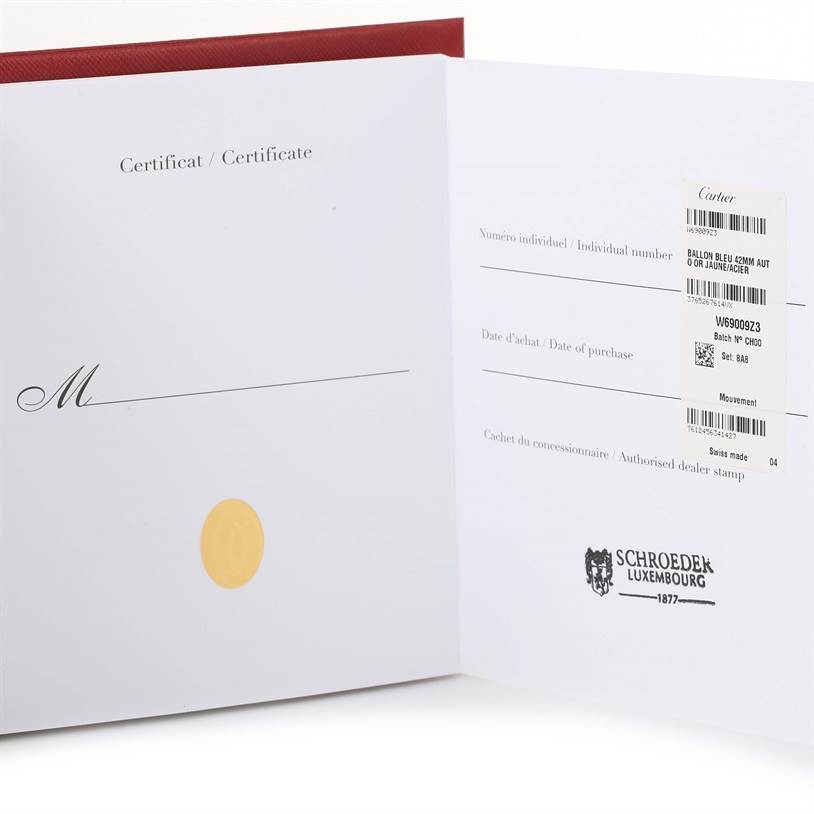 The image shows the open warranty card of a Cartier Ballon Bleu W69009Z3 Stainless Steel Silver Dial W69009Z3 Stainless Steel Silver Dial watch.