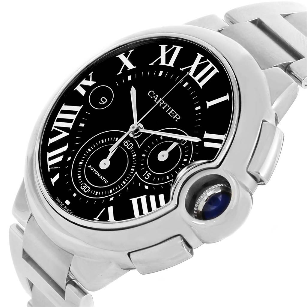 This image shows a close-up of the face and part of the strap of the Cartier Ballon Bleu W6920077 Men's Stainless Steel Black Dial W6920077 Men's Stainless Steel Black Dial watch, highlighting its Roman numerals, sub-dials, and crown.