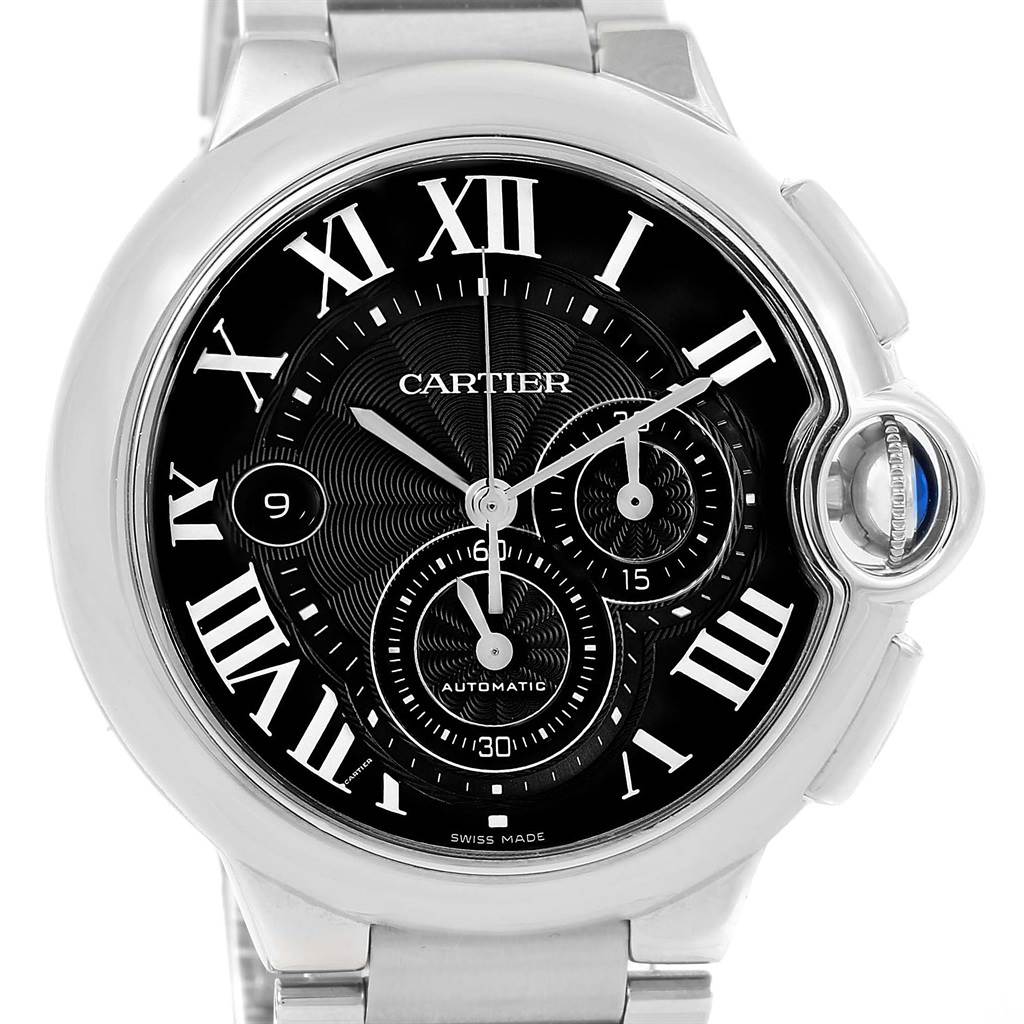 The image shows a front view of the Cartier Ballon Bleu W6920077 Men's Stainless Steel Black Dial W6920077 Men's Stainless Steel Black Dial watch, highlighting its dial, Roman numerals, and crown with blue cabochon.