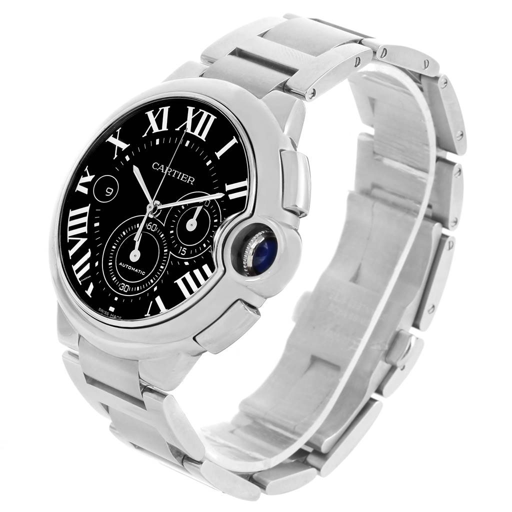 The image shows a Cartier Ballon Bleu W6920077 Men's Stainless Steel Black Dial W6920077 Men's Stainless Steel Black Dial watch from a front angled view, displaying the face, bezel, and part of the bracelet.