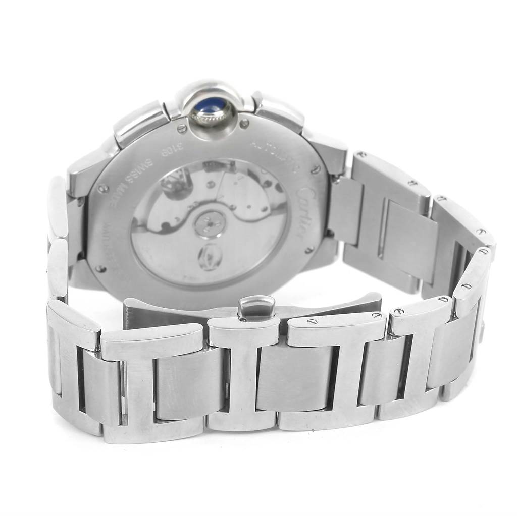 The image shows the rear view of a Cartier Ballon Bleu W6920077 Men's Stainless Steel Black Dial W6920077 Men's Stainless Steel Black Dial watch, highlighting its metal bracelet and transparent case back.