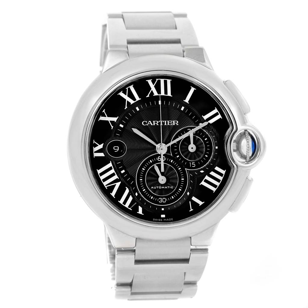 The image shows a straight-on view of the Cartier Ballon Bleu W6920077 Men's Stainless Steel Black Dial W6920077 Men's Stainless Steel Black Dial watch, featuring its face, dial, and metal bracelet.