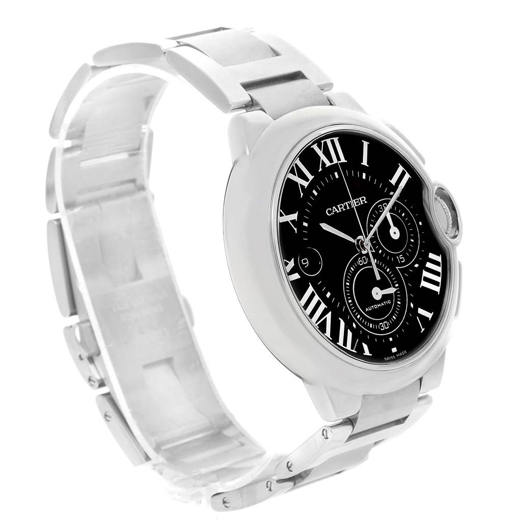 The image shows a side angle of the Cartier Ballon Bleu W6920077 Men's Stainless Steel Black Dial W6920077 Men's Stainless Steel Black Dial watch, displaying the face, bezel, and part of the metal strap.