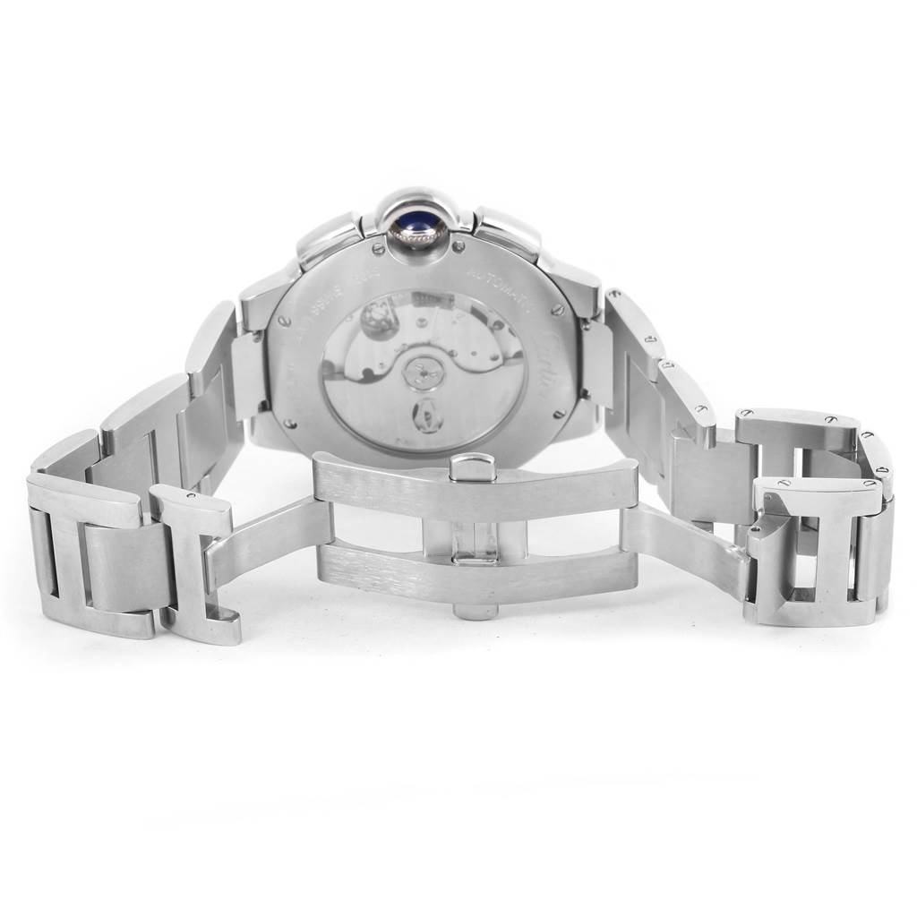 The image shows the back case and partially opened metal bracelet of a Cartier Ballon Bleu W6920077 Men's Stainless Steel Black Dial W6920077 Men's Stainless Steel Black Dial watch.