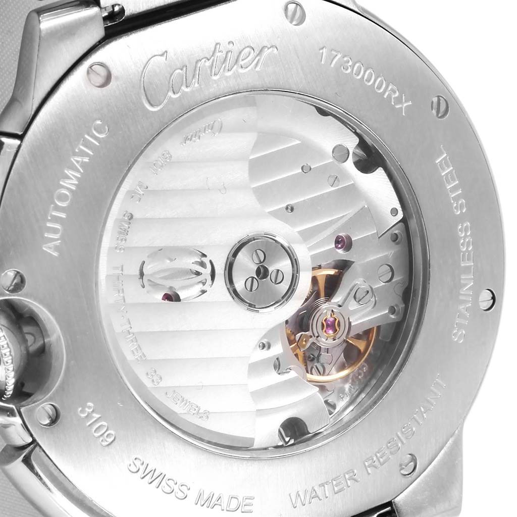 The image shows the back view of an automatic Ballon Bleu Cartier watch, displaying the inner mechanical movements.