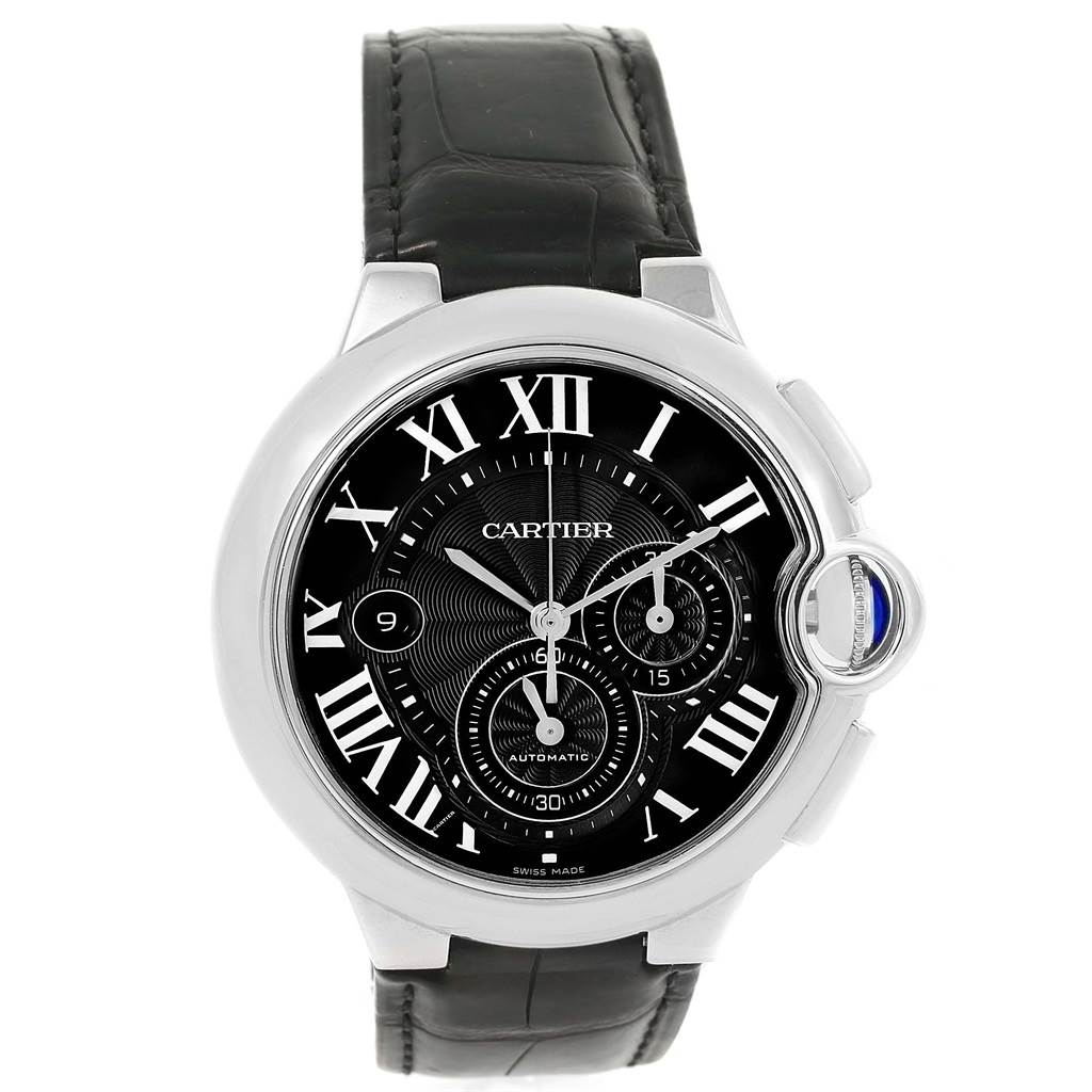 The image shows a Cartier Ballon Bleu W6920052 Men's Stainless Steel Black Dial W6920052 Men's Stainless Steel Black Dial watch from a front angle, showcasing the dial, case, and leather strap.