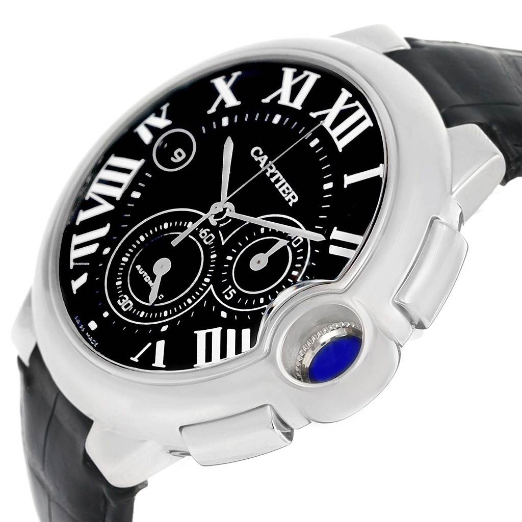 The image shows a side angle of the Cartier Ballon Bleu W6920052 Men's Stainless Steel Black Dial W6920052 Men's Stainless Steel Black Dial watch, highlighting its black dial, Roman numerals, chronograph subdials, and the blue cabochon crown.
