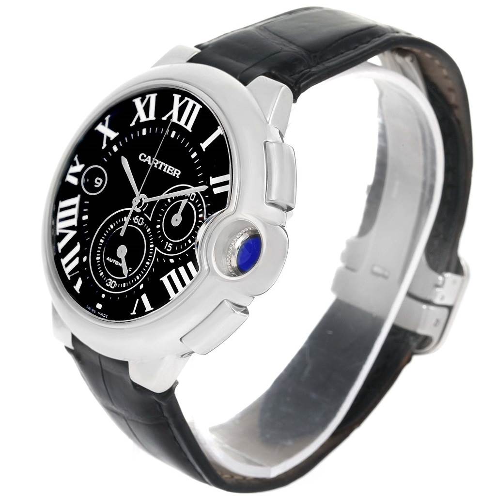 The image shows a side view of the Cartier Ballon Bleu W6920052 Men's Stainless Steel Black Dial W6920052 Men's Stainless Steel Black Dial watch, highlighting its black leather strap and the blue cabochon in the crown.