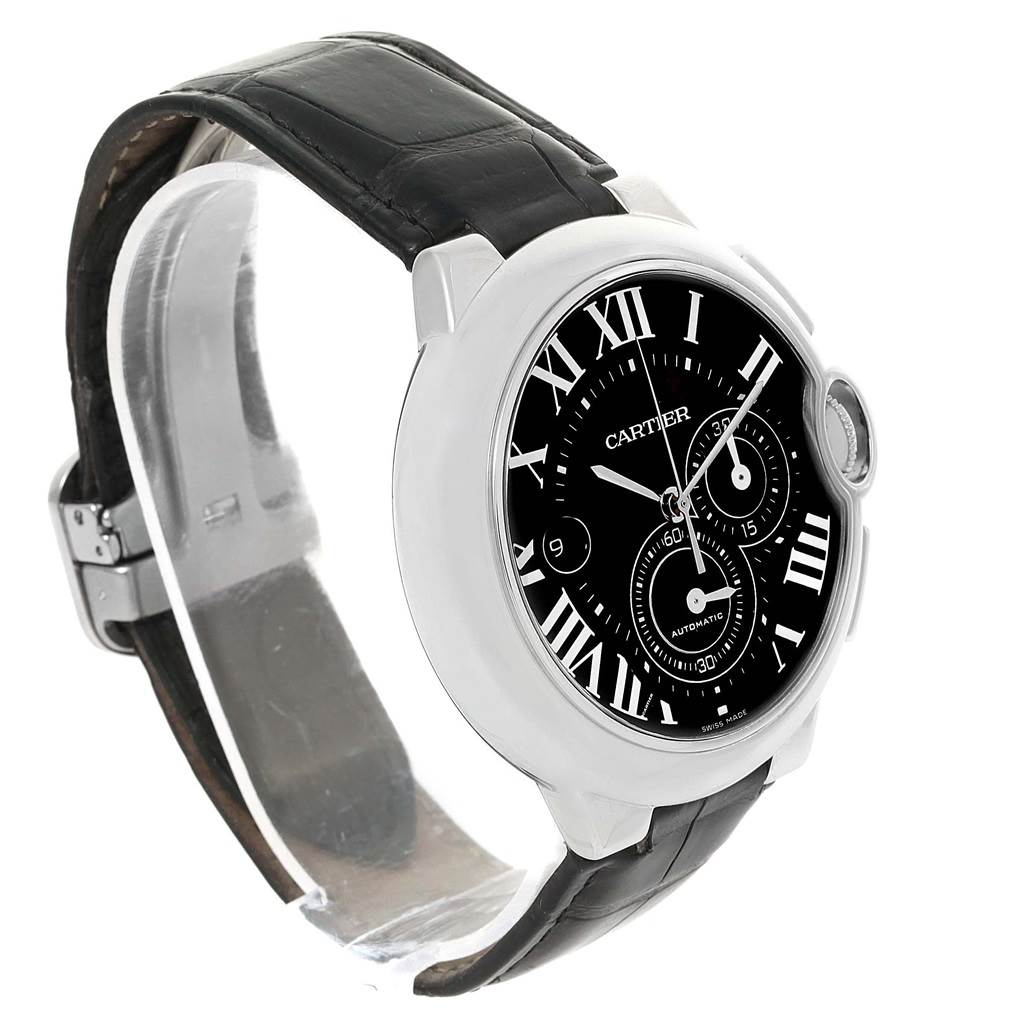 The image shows a Cartier Ballon Bleu W6920052 Men's Stainless Steel Black Dial W6920052 Men's Stainless Steel Black Dial watch at a three-quarter angle, highlighting its black leather strap, black dial, and Roman numerals.