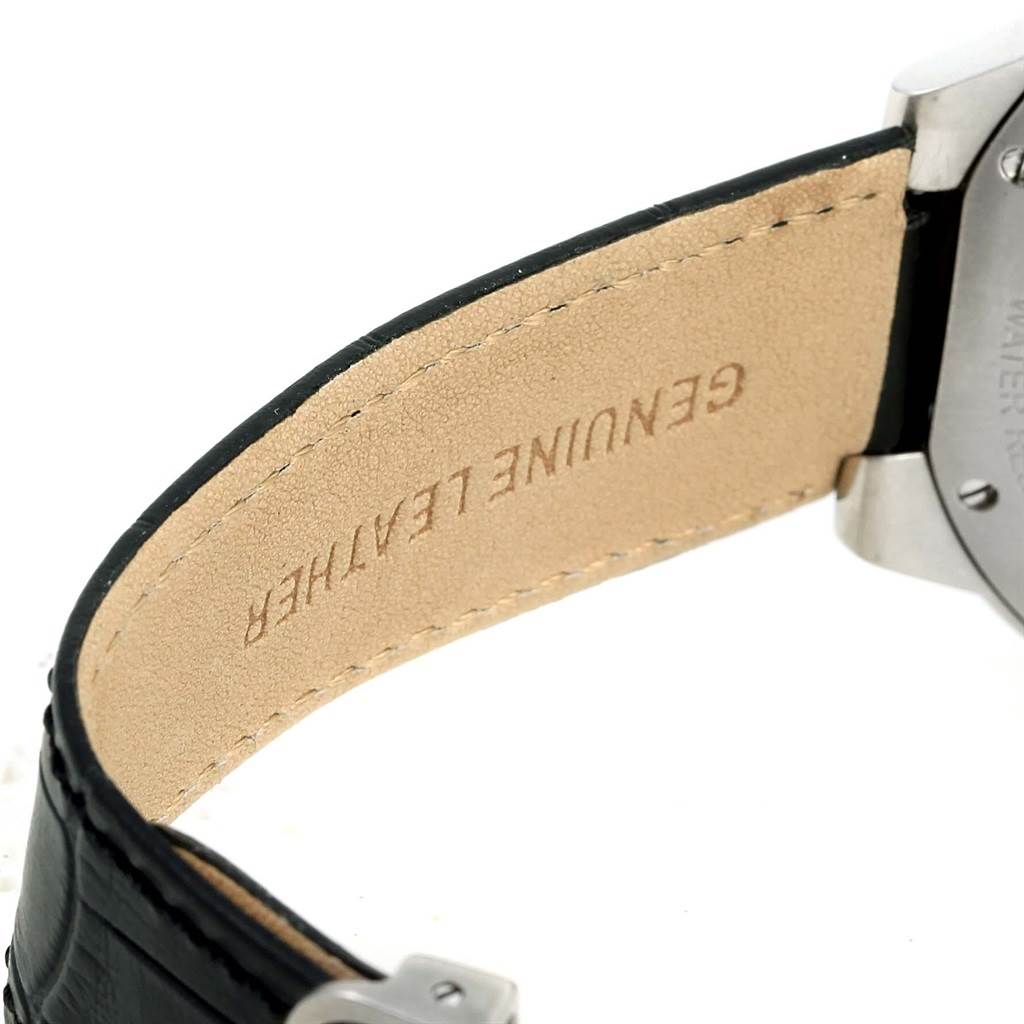 This image shows a close-up of the leather strap and part of the clasp of a Ballon Bleu de Cartier watch.