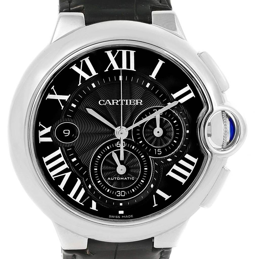 This image shows a frontal view of the Cartier Ballon Bleu W6920052 Men's Stainless Steel Black Dial W6920052 Men's Stainless Steel Black Dial watch, highlighting its dial, Roman numerals, and bracelet.