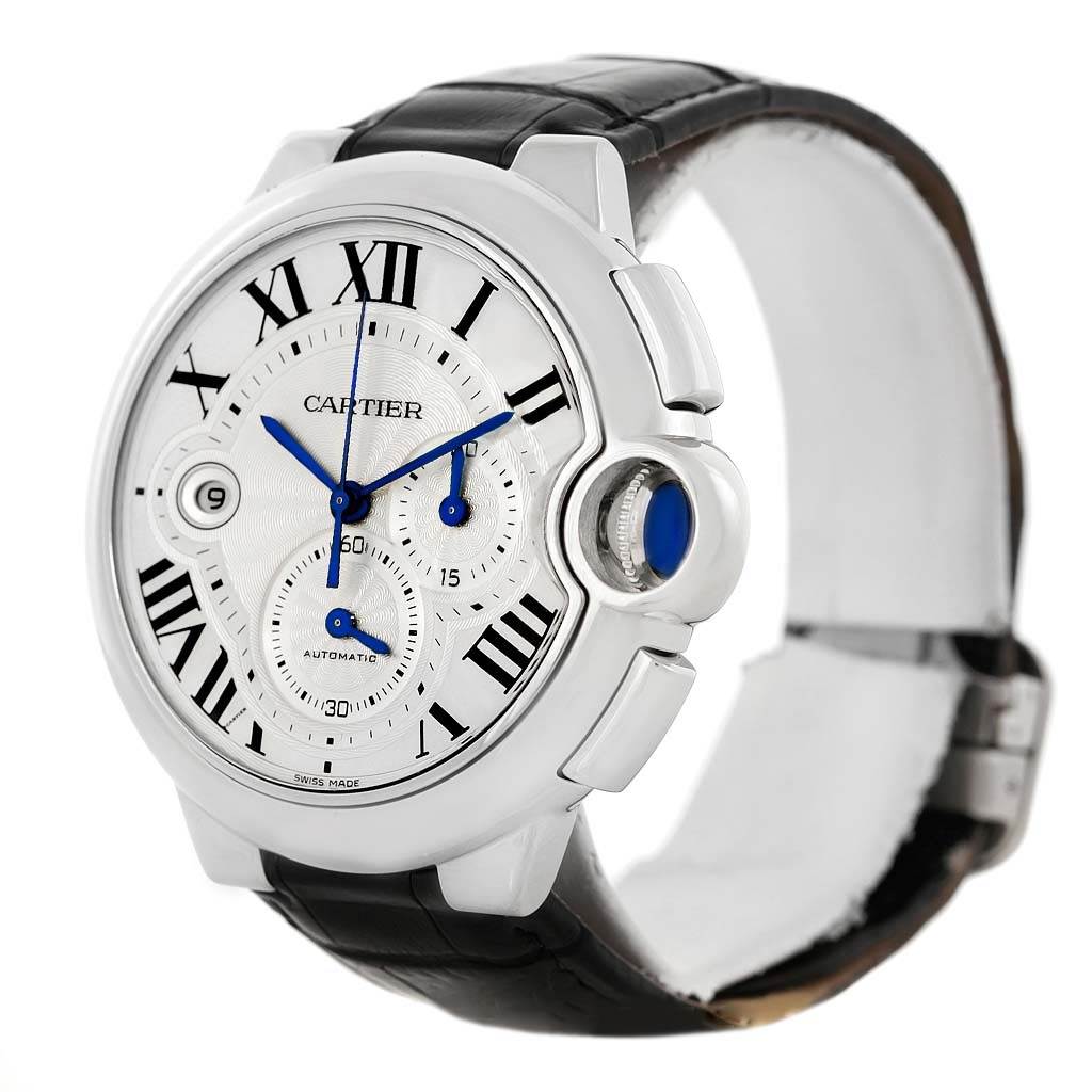 The Cartier Ballon Bleu W6920003 Men
s Stainless Steel Silver Dial W6920003 Men
s Stainless Steel Silver Dial watch is shown at a three-quarter angle, displaying the face, crown, and part of the strap.