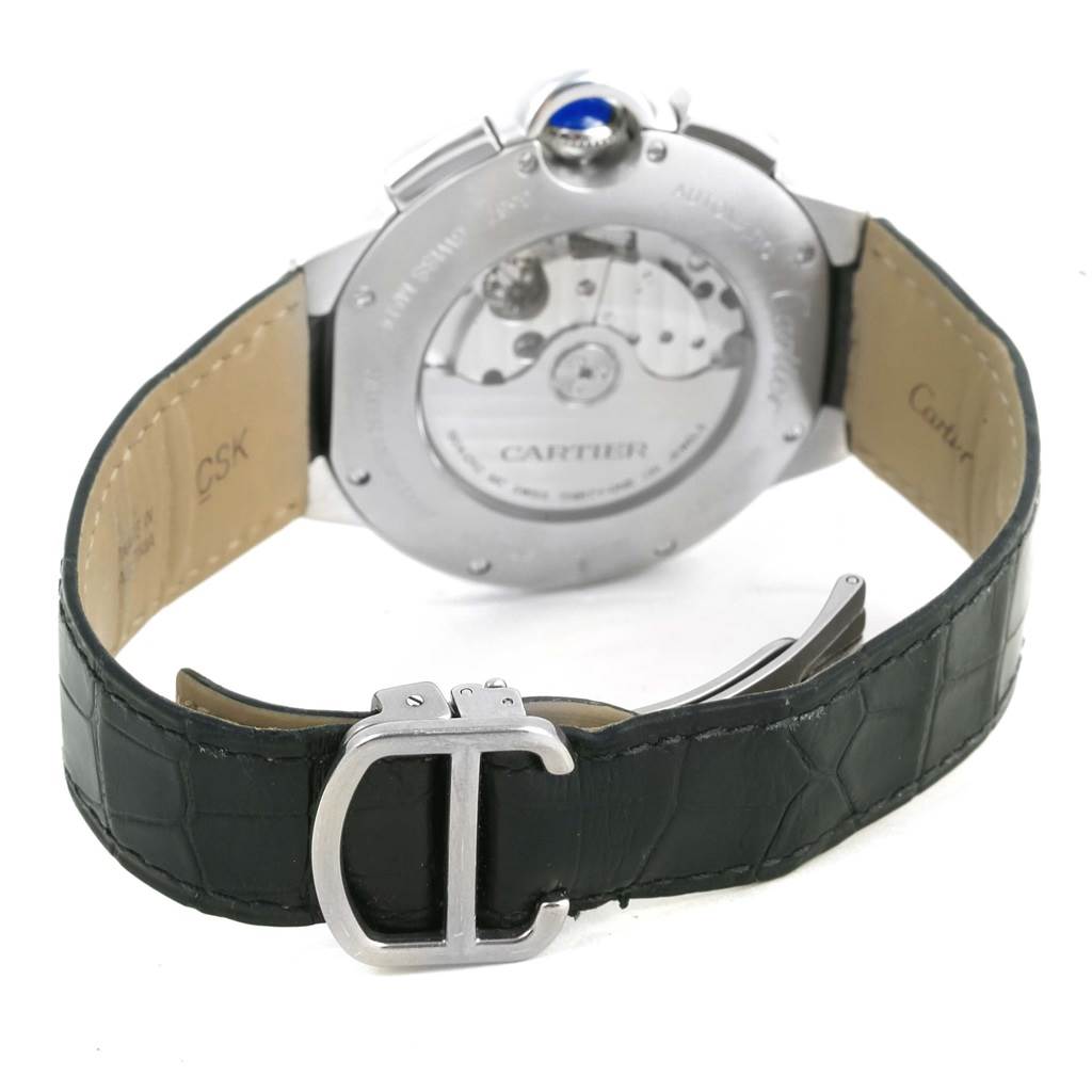This image shows the back view of the Cartier Ballon Bleu W6920003 Men
s Stainless Steel Silver Dial W6920003 Men
s Stainless Steel Silver Dial watch, highlighting the case back and the leather strap with the buckle.