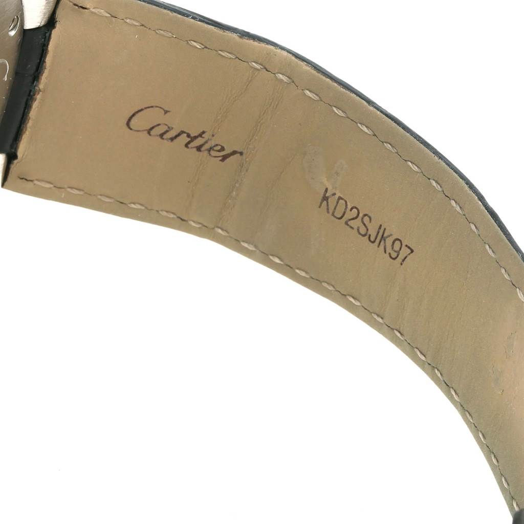 This image shows the inside view of the leather strap of a Cartier Ballon Bleu W6920003 Men
s Stainless Steel Silver Dial W6920003 Men
s Stainless Steel Silver Dial watch, displaying the brand name and a serial number.