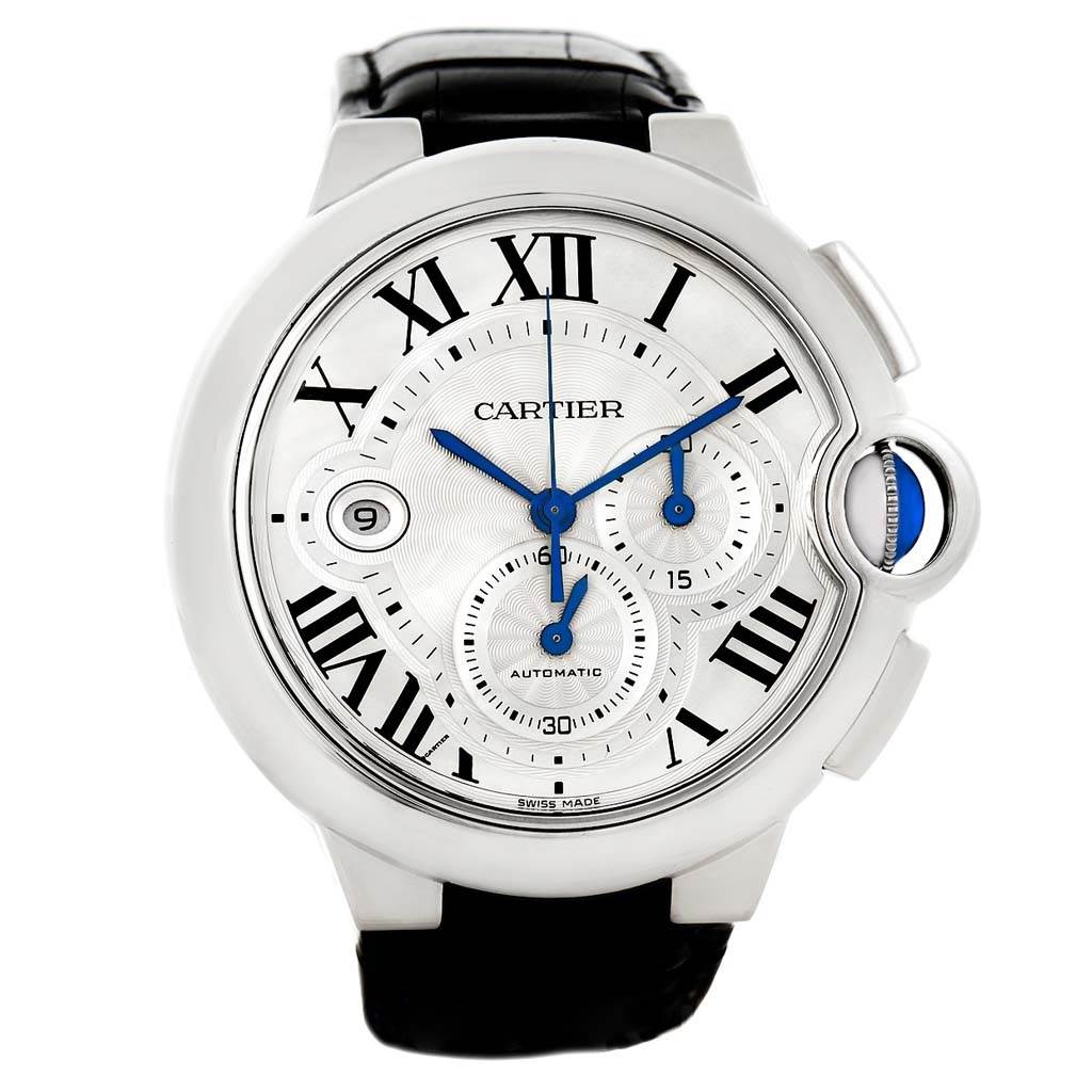 The image shows a frontal view of the Cartier Ballon Bleu W6920003 Men
s Stainless Steel Silver Dial W6920003 Men
s Stainless Steel Silver Dial watch, highlighting its face, Roman numerals, and blue sword-shaped hands.