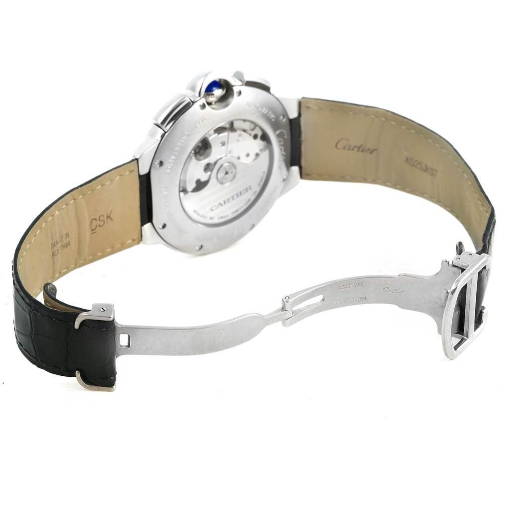 The image shows the back side and open leather strap of the Cartier Ballon Bleu W6920003 Men
s Stainless Steel Silver Dial W6920003 Men
s Stainless Steel Silver Dial watch.