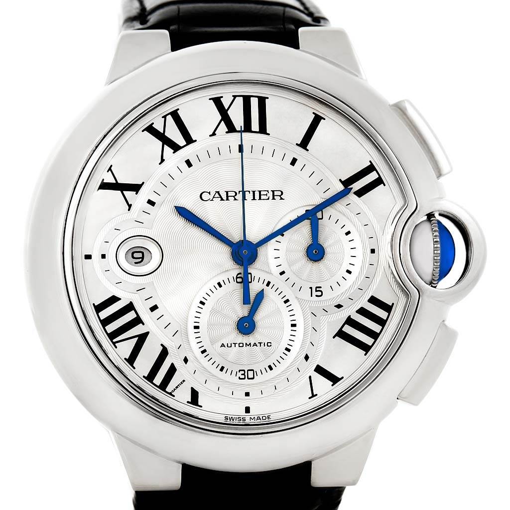 The image shows a front view of the Cartier Ballon Bleu W6920003 Men
s Stainless Steel Silver Dial W6920003 Men
s Stainless Steel Silver Dial watch, highlighting its face, Roman numerals, and blue hands.