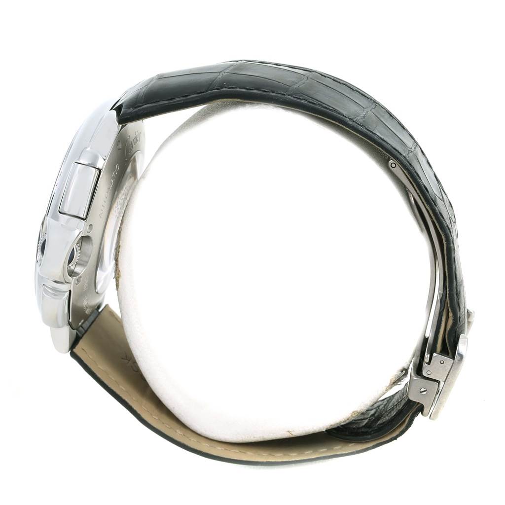 The image shows a side view of the Ballon Bleu Cartier watch, highlighting its case, left side, crocodile leather strap, and clasp.