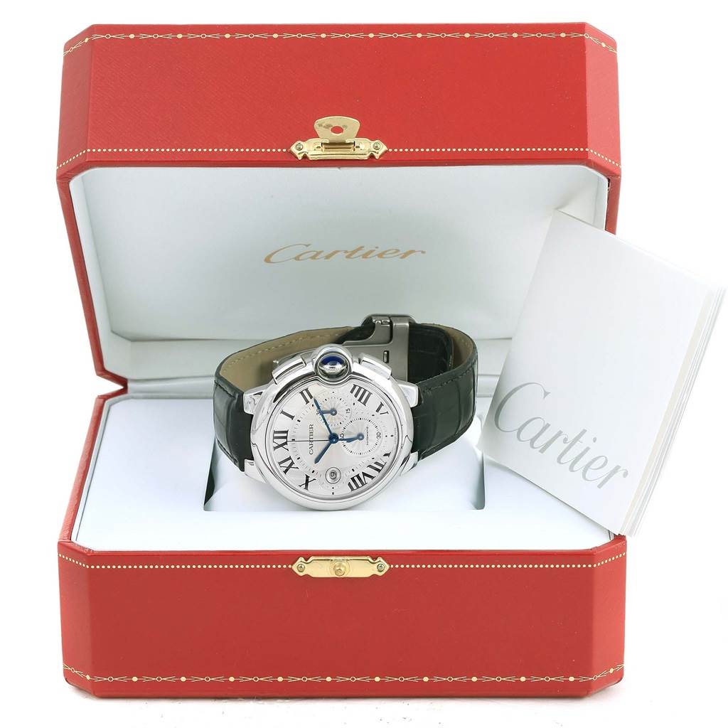 The image shows a Cartier Ballon Bleu W6920003 Men
s Stainless Steel Silver Dial W6920003 Men
s Stainless Steel Silver Dial watch in its box, angled from the front.