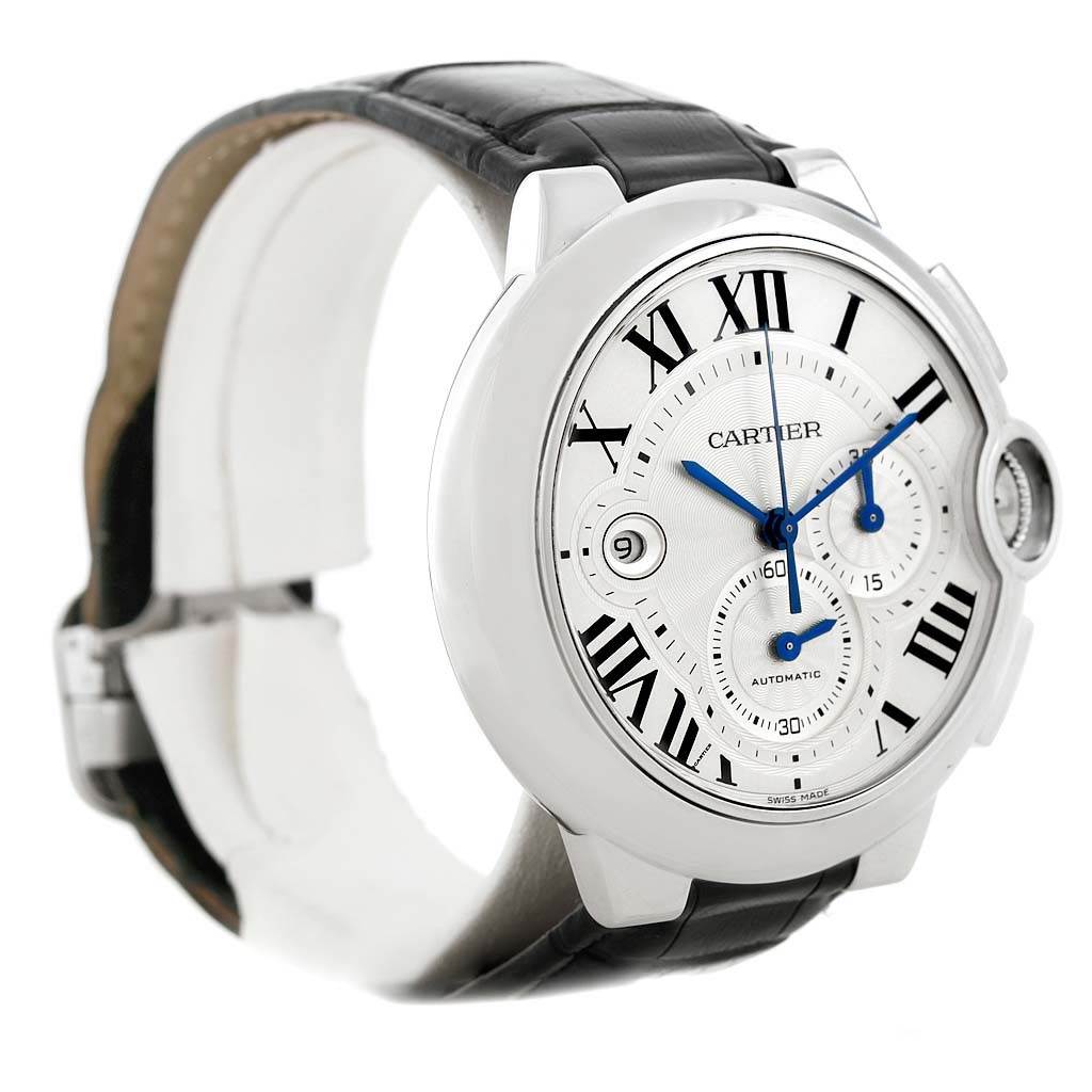 The image shows a side-angle view of the Cartier Ballon Bleu W6920003 Men
s Stainless Steel Silver Dial W6920003 Men
s Stainless Steel Silver Dial watch, highlighting the watch face, strap, and casing.