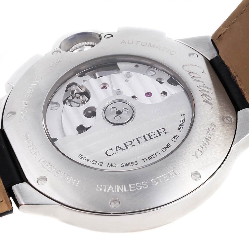 The image shows the back view of a Ballon Bleu model by Cartier, highlighting its automatic movement and stainless steel case.