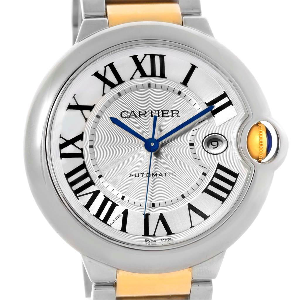 The image shows the face and part of the bracelet of the Cartier Ballon Bleu W69009Z3 Stainless Steel Silver Dial W69009Z3 Stainless Steel Silver Dial watch.