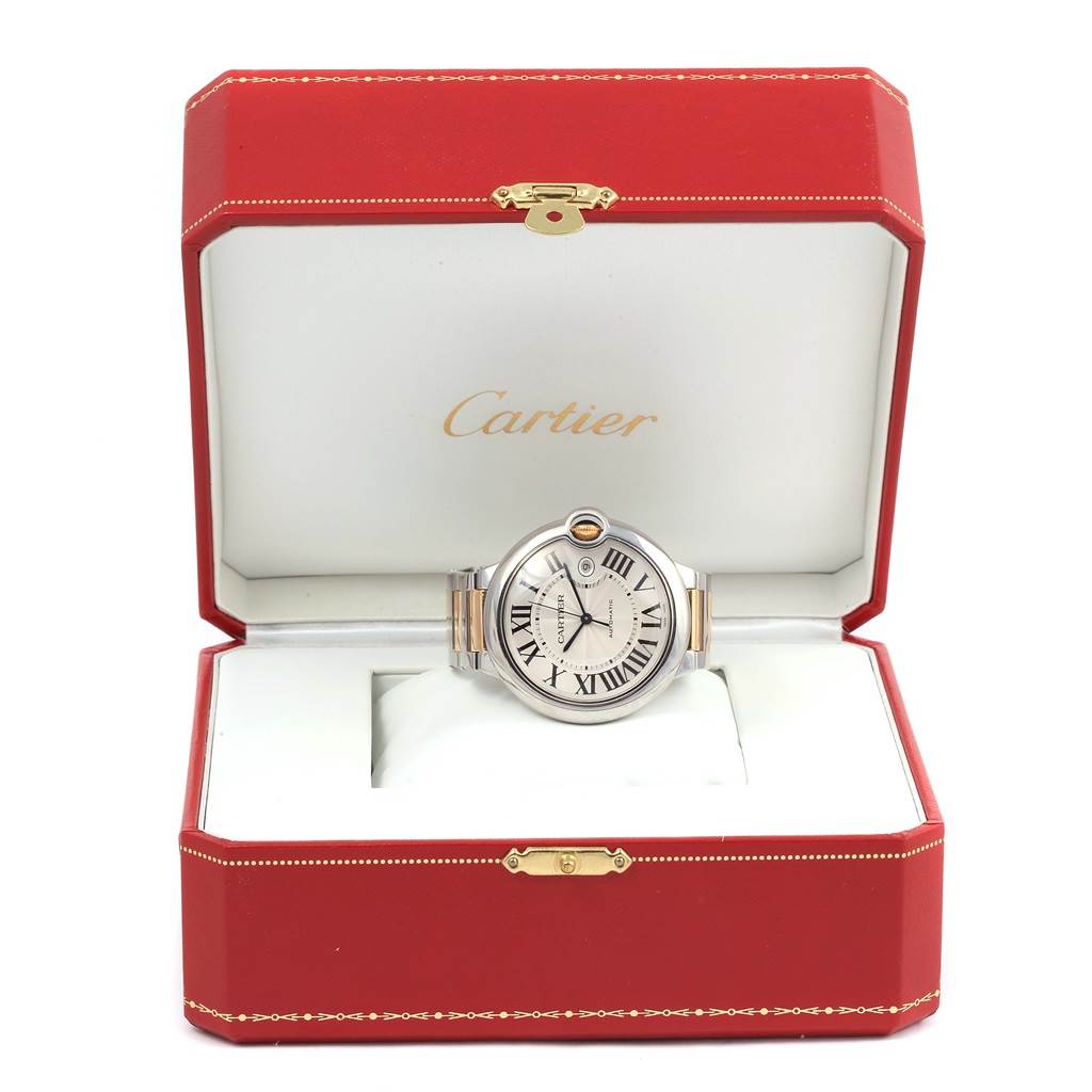The Cartier Ballon Bleu W69009Z3 Stainless Steel Silver Dial W69009Z3 Stainless Steel Silver Dial watch is shown from the front inside its red presentation box.