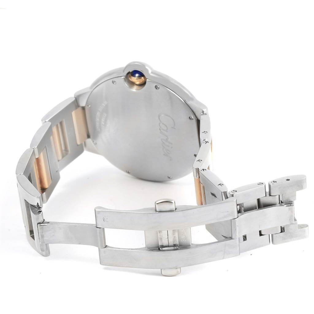 This image shows the back and clasp of the Ballon Bleu watch by Cartier at an open angle.