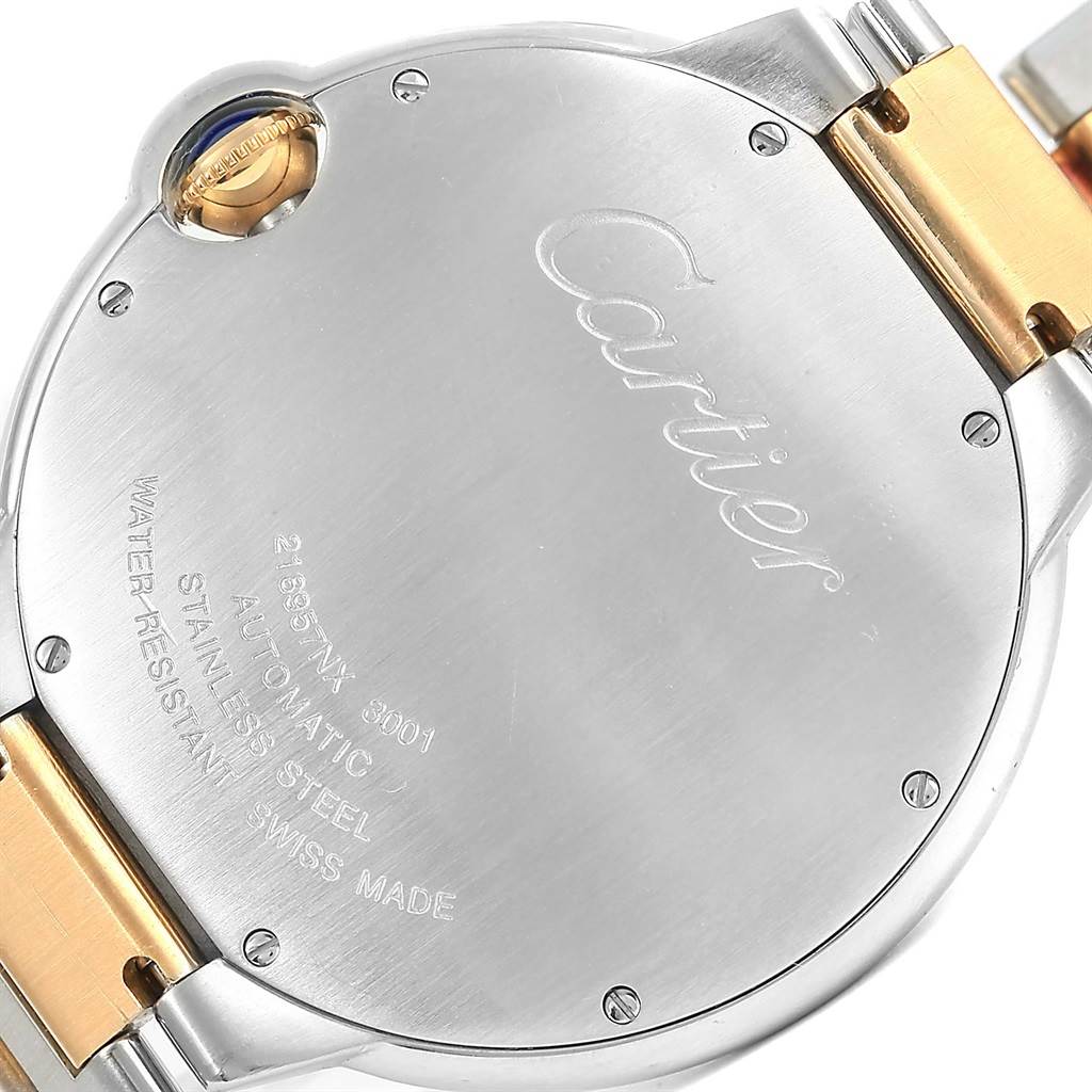 This image shows the back of a Cartier Ballon Bleu W69009Z3 Stainless Steel Silver Dial W69009Z3 Stainless Steel Silver Dial watch, notably the case back and part of the bracelet.