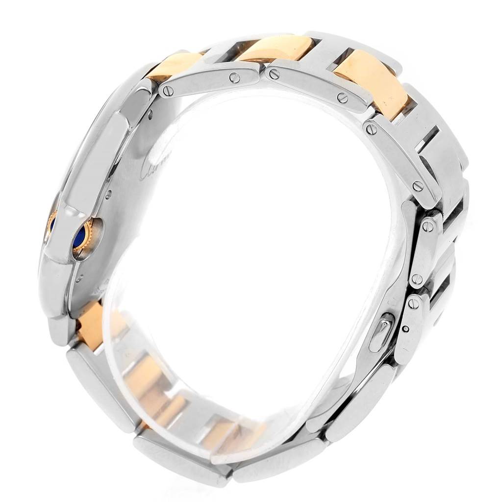 This image shows a side view of the Cartier Ballon Bleu W69009Z3 Stainless Steel Silver Dial W69009Z3 Stainless Steel Silver Dial watch, focusing on the bracelet and crown.